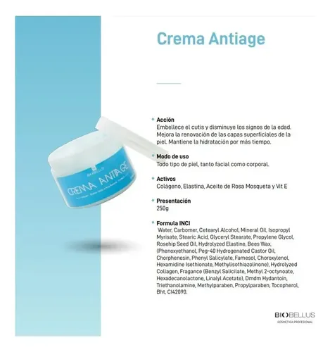 Biobellus Crema Anti Age Colageno Elastina Hidratacion 250gr