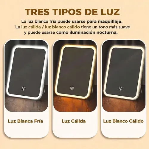 Espejo Maquillaje Led Touch 3 Tonos Luz Usb Portatil