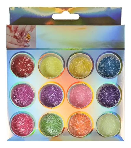Set Uñas Nail Art Colores Glitter Strass Brillos Y Escamas