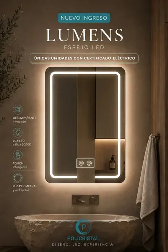 Espejo Lumens 60x80x2cm 3 Tonos Luz Led Con Desempañador