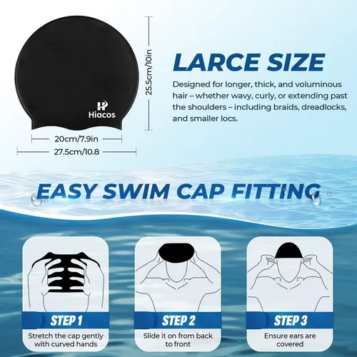 Gorro De Natación Hiacos Para Cabello Largo, Negro E Imperme
