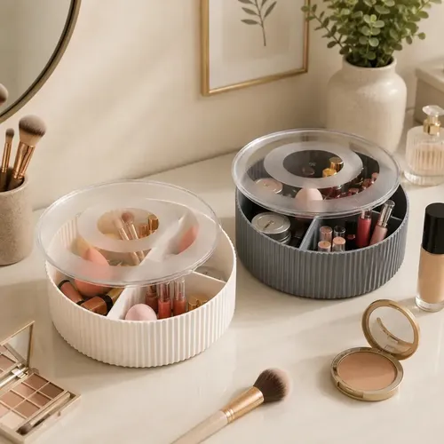 Organizador Maquillaje 3 Divisiones Diseño Rayado Con Tapa Organización Brochas Labiales Blanco Craco