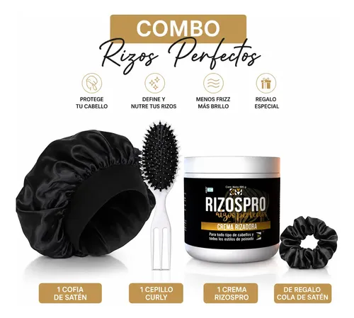 Combo Crema Rizospro Cofia Satén Cepillo Curly Scrunchie