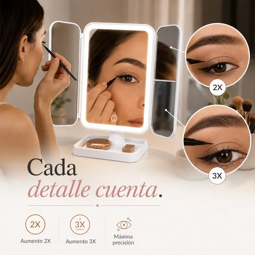 Espejo Maquillaje Tactil Luz Led Portatil Recargable 3 Modos