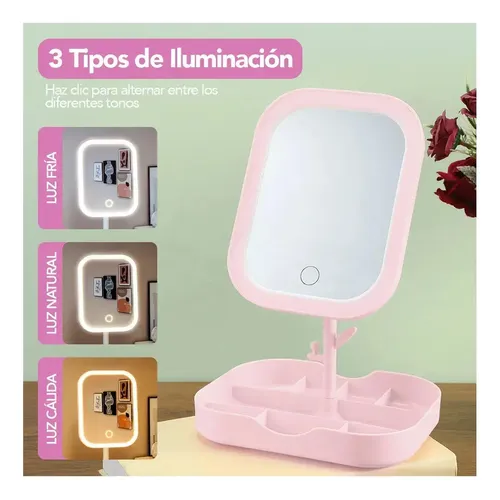Espejo De Escritorio Con Luz Led 3 Tonos Recargable Joyero