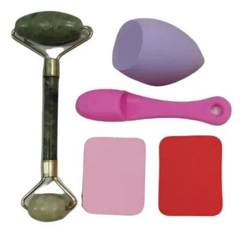 Set Rodillo Facial Jade Doble + Esponjas + Cepillo Limpiador