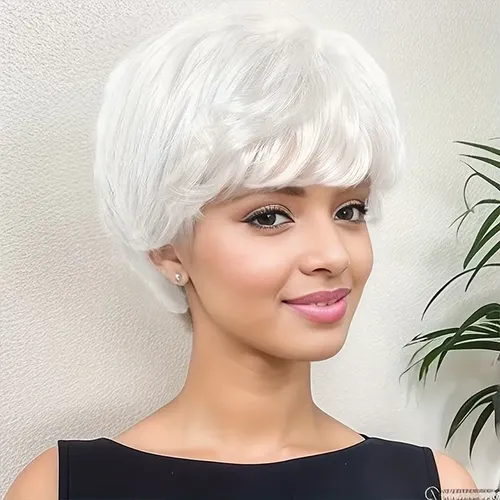 Peluca Corta Blanca Para Mujer Con Gorra Completa De Fibra R White