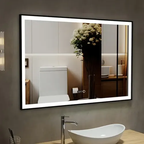 Espejo Rectangular Luz Led Reloj 120x80cm Marco Negro