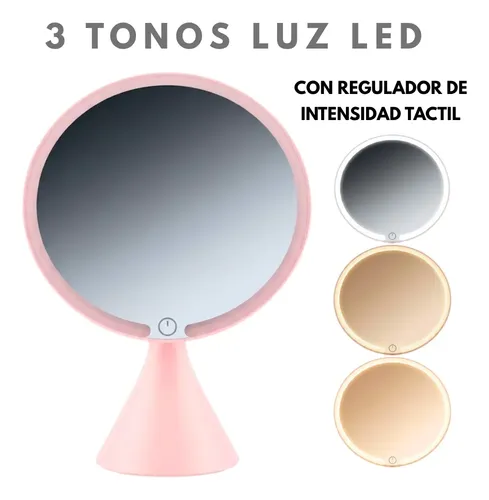 Espejo De Maquillaje Con Luz 3 Tonos Giratorio P/ Escritorio