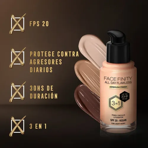 Base Liquida Max Factor 3 En 1 – Facefinity All Day Flawless Light Ivory C 40