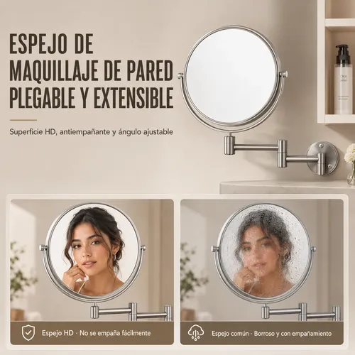 Espejo Maquillaje Pared Doble Cara Extensible Giratorio 360°