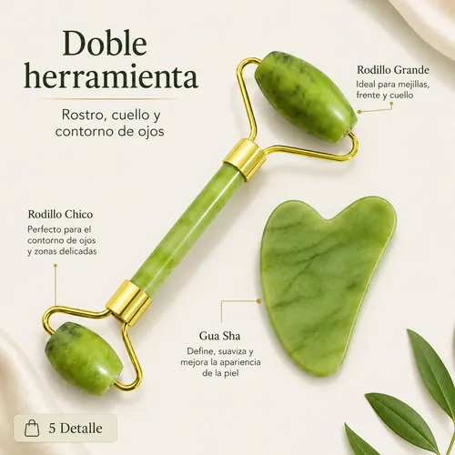 Kit Roller Jade Y Gua Sha Verde Masaje Facial Relajante