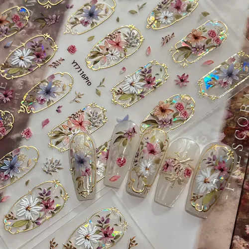 Pegatinas Para Uñas Con Foil Dorado Y Diseño De Flores