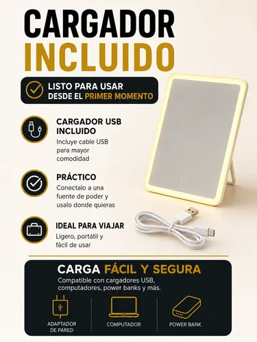 Espejo Cosmético Led Táctil Recargable Para Maquillaje