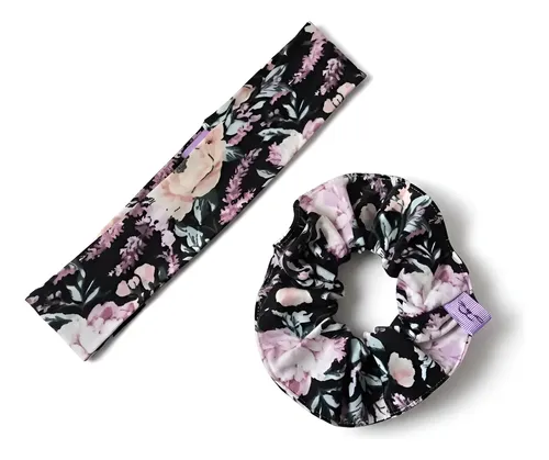Pack Scrunchie y Vincha de Tela de Flores para Mujer