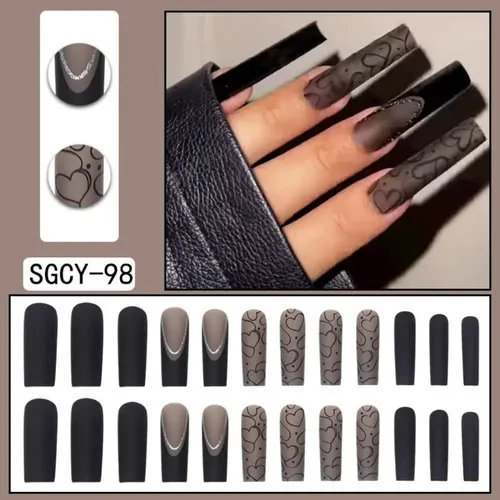 Kit De Uñas A Presión Largo Cuadrado Mate Negro Francés