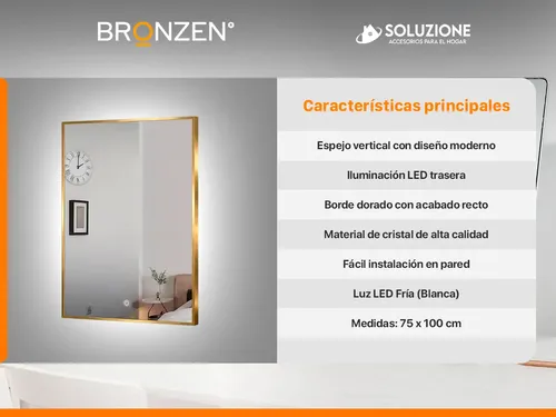 Espejo Premium Luz Led Trasera Borde Dorado 75cm X 1 Metro
