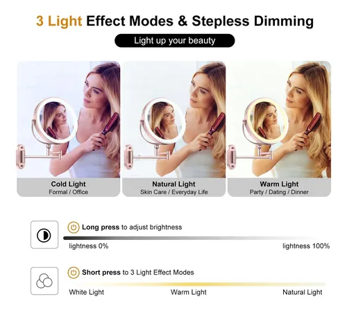 Espejo De Maquillaje Con Luz Pared 9 Pulgadas Rose Gold