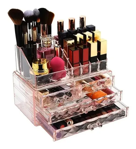 Organizador Rosa Maquillaje Acrílico Diamante 4 Caj + 16 Div