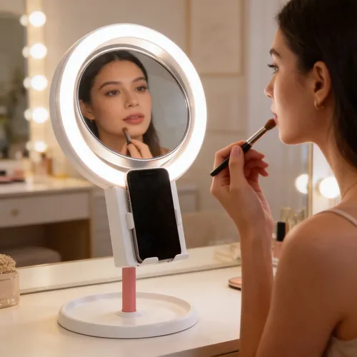 Espejo Maquillaje Porta Celular Con Luz