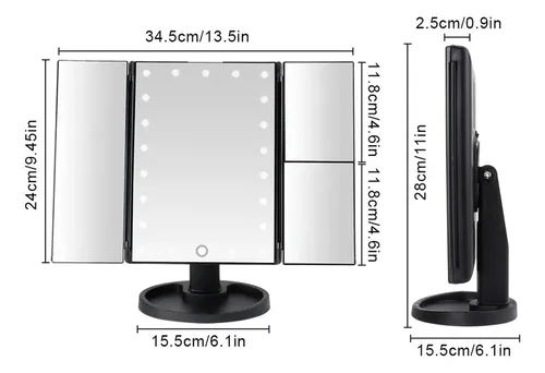 Espejo Luz Led Usb Triple Aumento Maquillaje Belleza 241344 Marco Negro