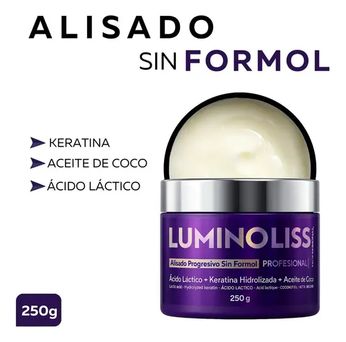 Alisado Progresivo Luminoliss Sin Formol x250 gr – Crema Alisadora Profesional Con Keratina Hidrolizada y Aceite de Coco Cabellos Con Rulos Lacios