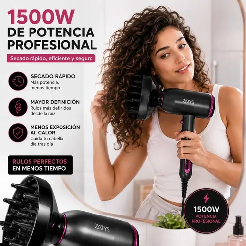 Secador De Pelo Profesional Difusor Silencioso 1500w Zatys Negro