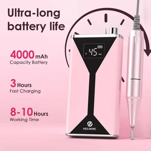 Taladro Eléctrico Para Uñas Helivive, 45000 Rpm, Portátil, R Rosa