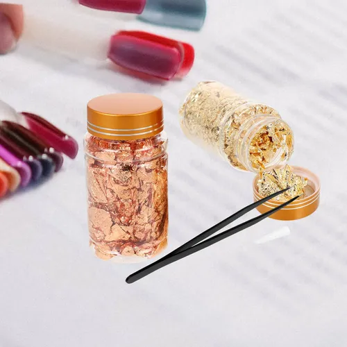 Set De Foil Dorado Para Uñas Con Pinzas Y Paillettes