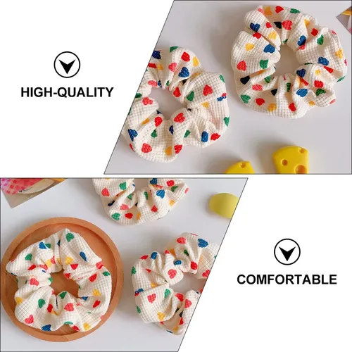 3 Elegantes Anillos Para El Pelo, Delicados Soportes Elástic Cream With Multicolor Hearts Estampada De Corazones
