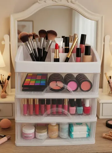 Organizador Maquillaje Caja De Cosméticos Cuatro Niveles Blanco