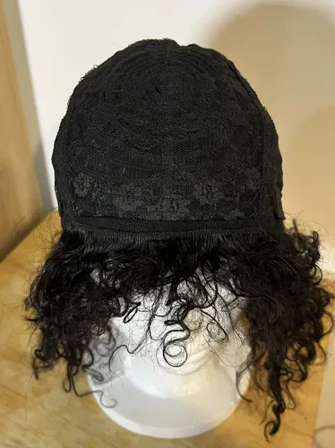 Peluca Cabello 100% Natural Negro Rulos Ajustable Flequillo