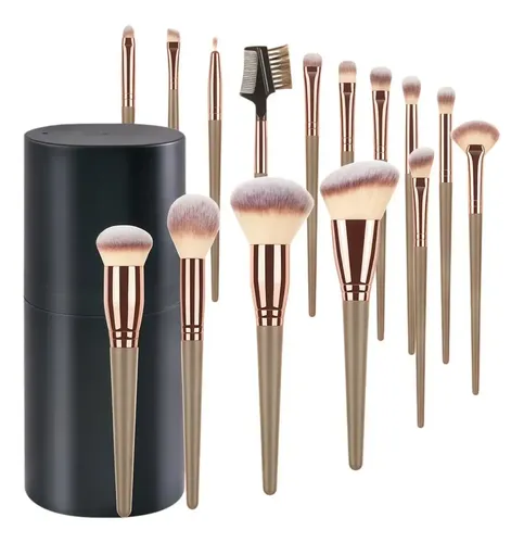 Set 15pzs Brochas De Maquillaje Con Estuche Beige
