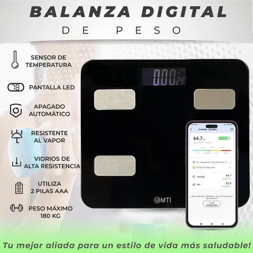 Balanza Digital Baño Inteligente Bluetooth Personas Corporal Color Negro MTI
