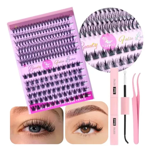 Kit Extensiones De Pestañas Cluster Bond Seal Y Pinza 20p + Cy D Largos Mix