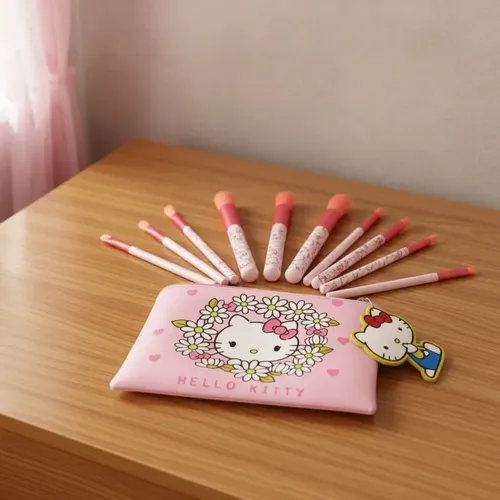 Set 10 Brochas Maquillaje Hello Kitty Con Neceser Rosa