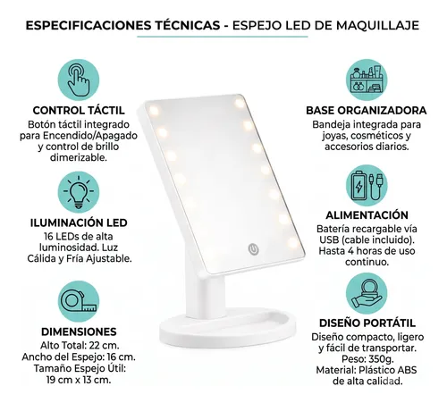 Espejo Cosmético Led Portátil Luz Cálida Tactil Maquillaje