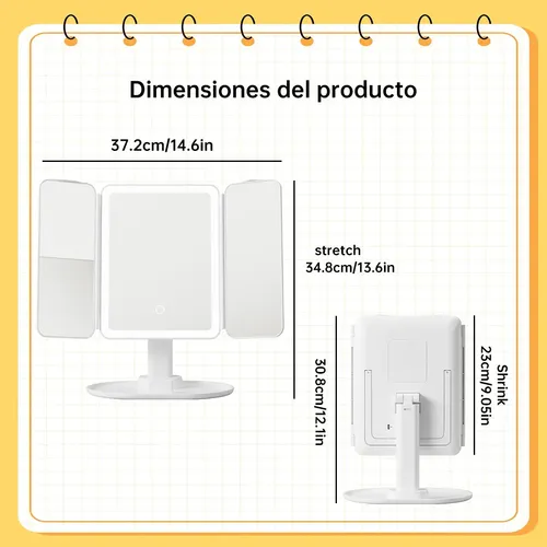 Espejo Maquillaje LED Cuadrado Plegable Con Luz, Aumento 2x y 3x, y 3 Modos de Iluminación Ajustable