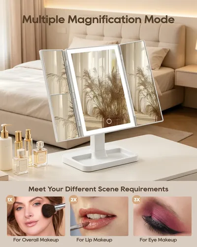 Espejo De Maquillaje Con Luz Led Trifold 3 Colores 30.5cm