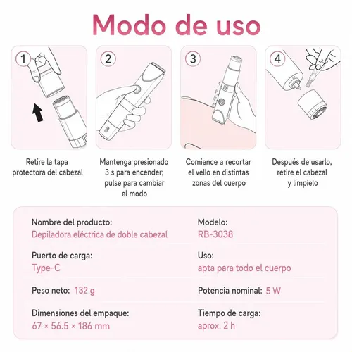 Depiladora Eléctrica 2 En 1 Mujer Recortadora Íntima Led Usb Rosa