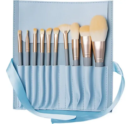 Set 10 Pinceles De Maquillaje Con Estuche Portátil Azul