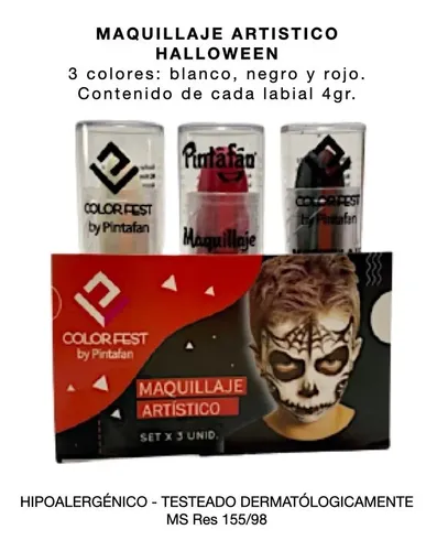 Kit Maquillaje Halloween Labial X 3 Negro Blanco Rojo Cara