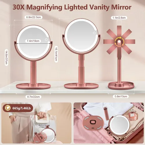 Espejo De Maquillaje Con Luz Led 30x Ajustable Rose
