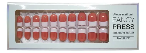 Uñas Postizas Press On Diswald & Co Fancy Press Cuadradas de Color Coral y Blanco