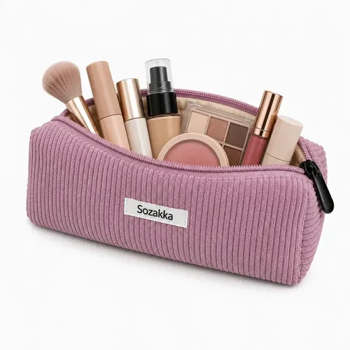 Neceser Organizador de Corderoy Lila para Maquillaje y Cosméticos de Viaje
