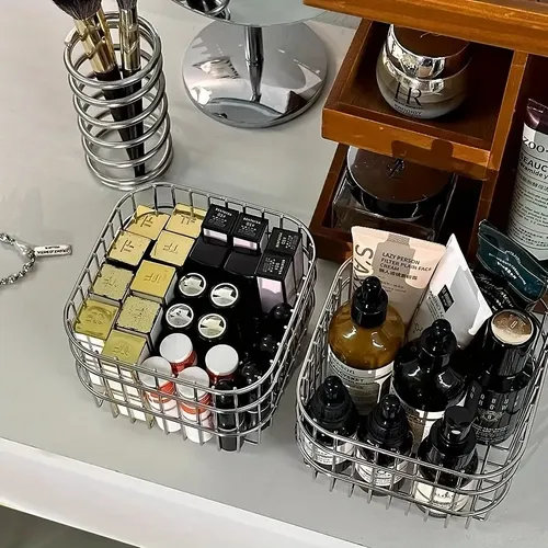 Cesta De Herramientas De Maquillaje De Acero Inoxidable Y Or Plateado