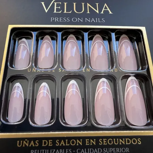 VELUNA Uñas Press On Francesitas Varios Diseños Reutilizables – Almendra Doble Línea