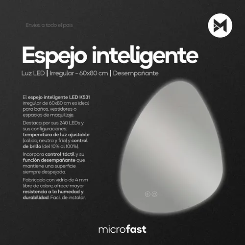 Espejo Luz Led Touch/táctil Inteligente Baño Premium Desempañante Fría/cálida/neutra Irregular Moderno 60x80cm Regulación De Brillo