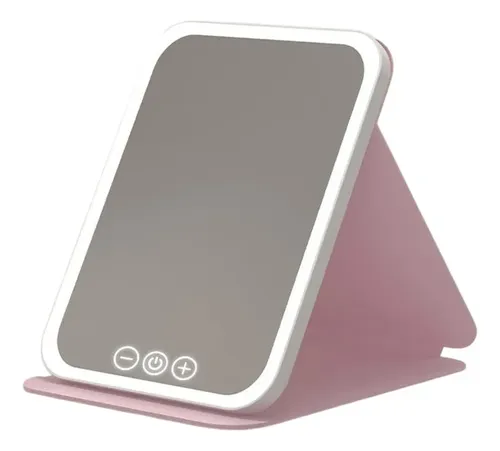 Espejo Maquillaje Led Plegable Luz Fría Cálida Natural Usb Rosa