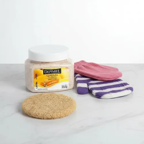 Combo Exfoliante: 2 Manoplas+esponja+crema Pulidora Depimiel